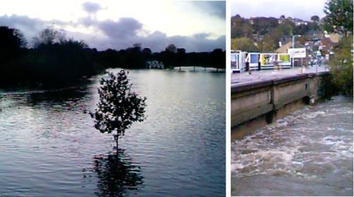 [Roberts Park (left) under water and Baildon Bridge (right) closed]